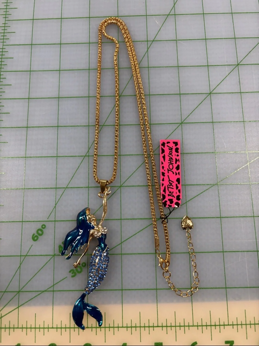 Gold-Tone Mermaid Pendant Necklace with Blue Enamel and Sparkling Accents